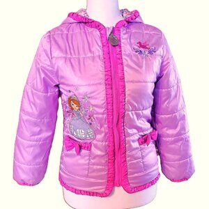 Disney Store Sofia The First Purple Pink Hooded Winter Coat Puffer Jacket Sz 7/8